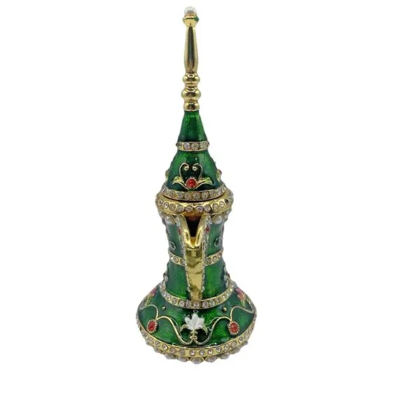 Signed Qifu Green Enamel Jeweled Arabian Nights Trinket  Stash Ring Vanity Box - Picture 2 of 12